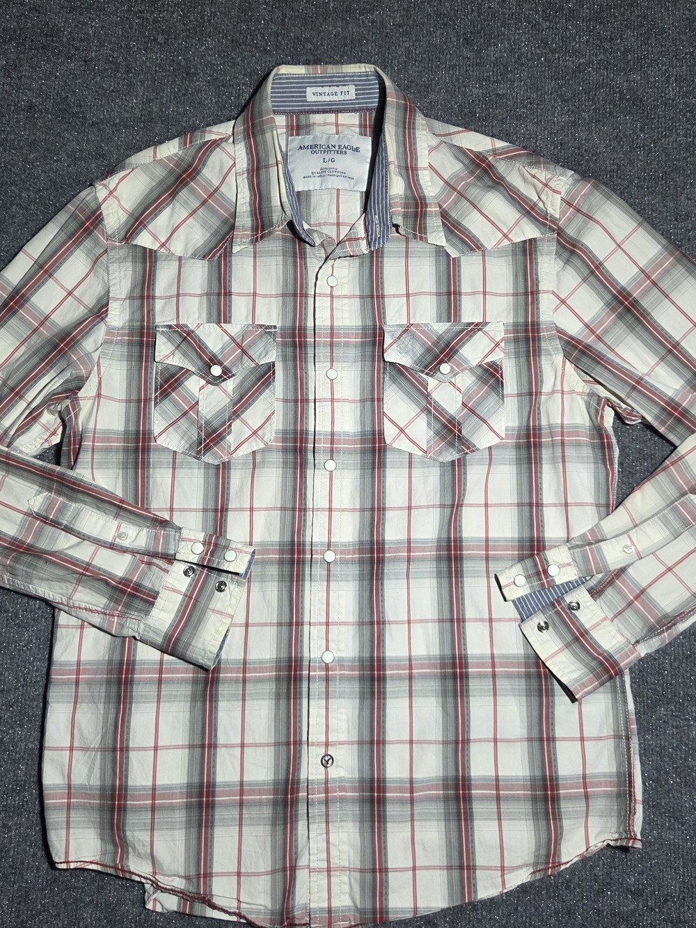 American Eagle Men Large Plaid Pearl Snap Western Shirt Vintage Fit Long Sleeve